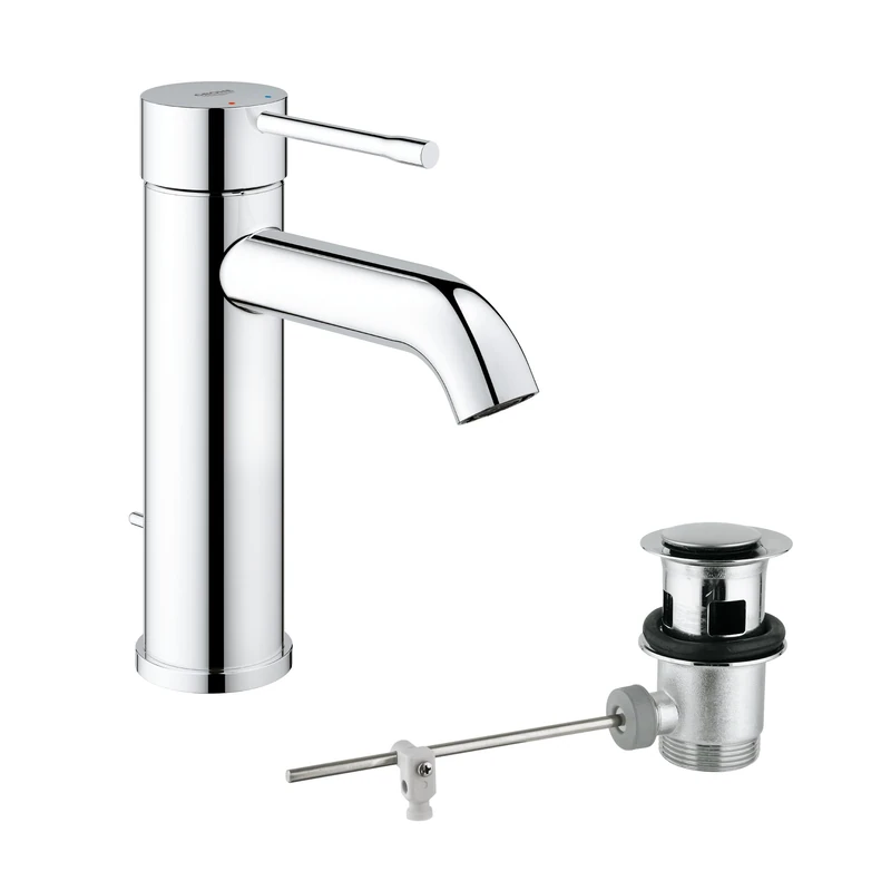 GROHE Essence Basin Mixer Tap with Pop-Up Waste Set (S-Size 208 mm, Metal Lever, 28 mm Ceramic Cartridge, Water Saving, 3/8 Inch Tails), Chrome, 23589001