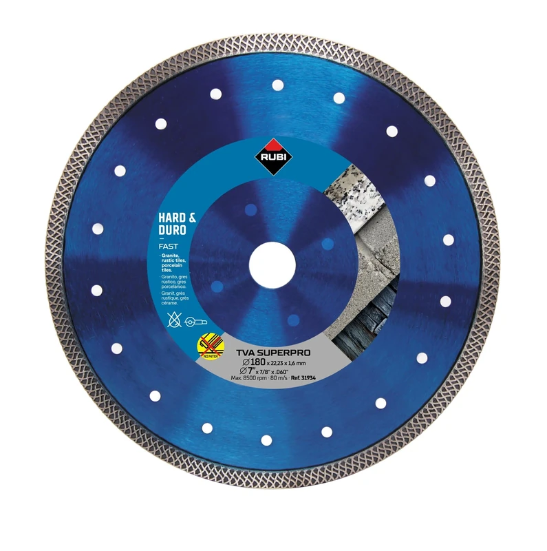 RUBI | Hard Materials Turbo Viper Diamond Blade | Dry Cutting of Granite, Rustic Tiles, Klinker, Refractories, Slate and Porcelain Tiles | Inside D.: 22,2 mm | Outside D.: 180 mm | TVA-180 SUPERPRO