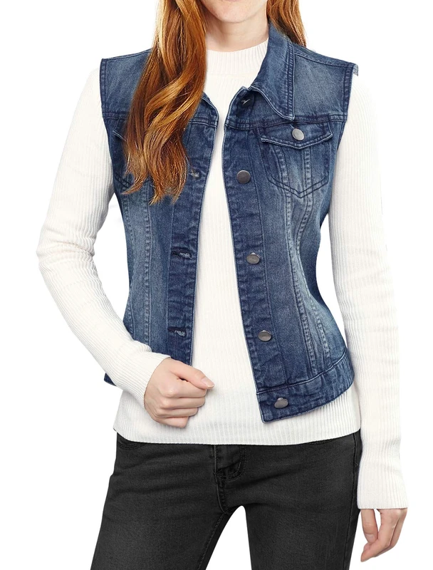 Allegra K Women's Buttoned Washed Denim Vest Jacket W Chest Flap Pockets Dark Blue L