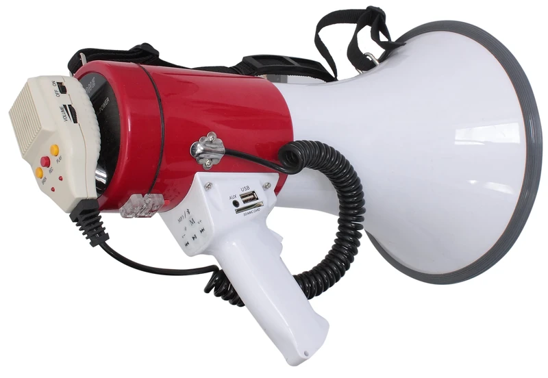 LTC - MEGA50USB - 50W rechargeable megaphone with removable microphone, siren, USB, SD, AUX, MP3 controls, handle, shoulder strap and message recording - White & Red