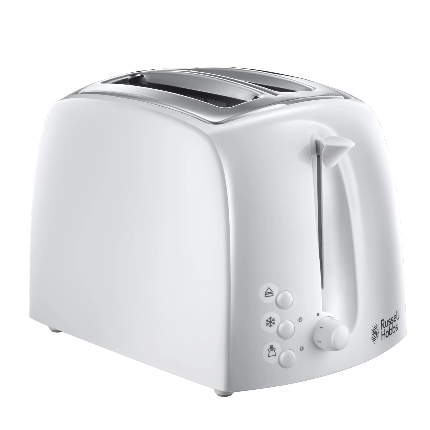 Russell Hobbs Textures 2 Slice Toaster (Extra Wide Slots, 6 Browning levels, Frozen, cancel & reheat function with indicator lights, Removable crumb tray, 850W, White matt & high gloss finish) 21640