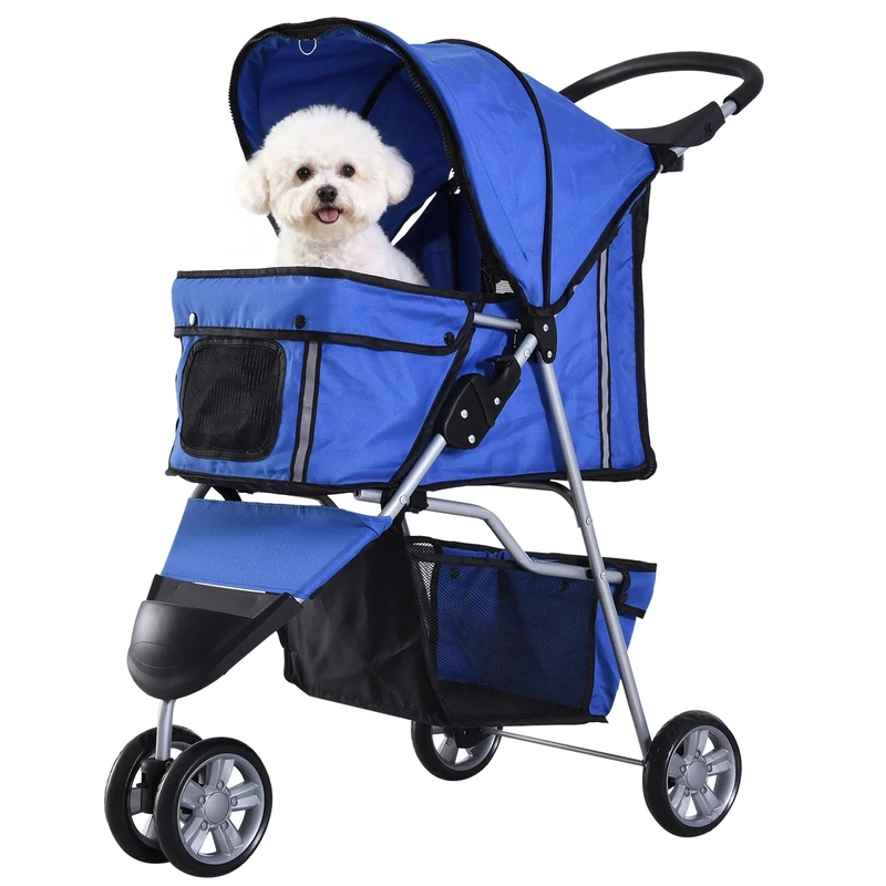 PawHut Dog Stroller, 3 Wheels Foldable Cat Dog Pram with Cup Holder, Storage Basket, Pet Stroller for Small Miniature Dogs, Blue