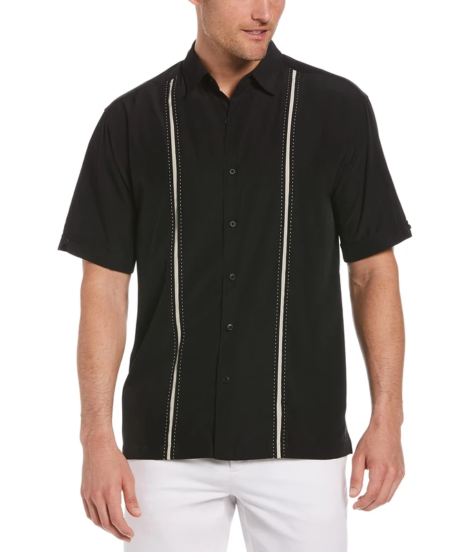 Cubavera Men's Short Sleeve Insert Panels with Pick Stitch Shirt, Jet Black, XXL Big