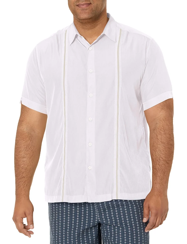 Cubavera Men's Short Sleeve Insert Panels with Pick Stitch Shirt, Bright White, 4XL