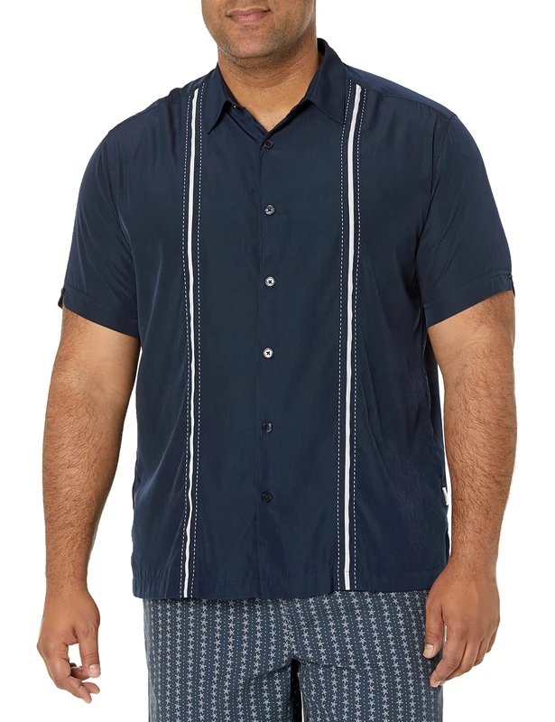 Cubavera Men's Short Sleeve Insert Panels with Pick Stitch Shirt, Dress Blues, XXL Big