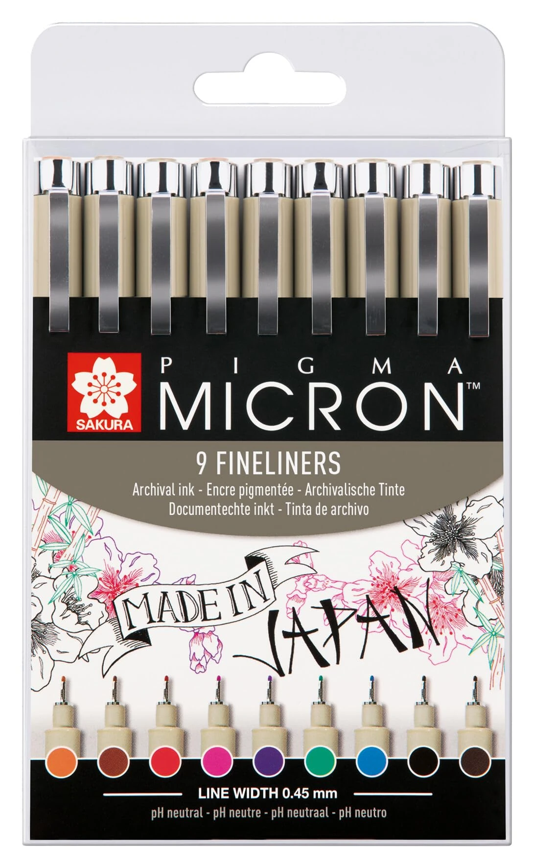 SAKURA Pigma Micron 05 Fineliner Set of 9 Colors | Waterproof Ink, Size 05 (0.45 mm) | Pens for Writing, Drawing & Journaling
