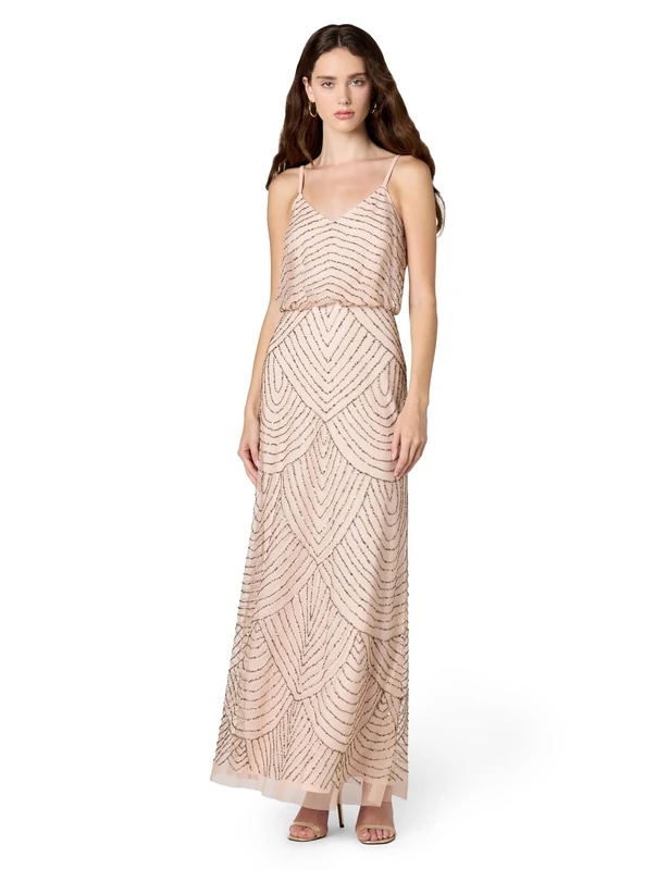 Adrianna Papell Women's Blouson Maxi Dress, Blush/Gold, 16 UK (Manufacturer size: 12)
