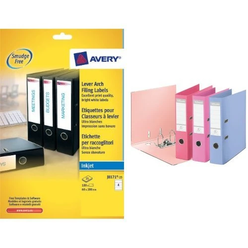 Avery J8171-25 White Lever Arch File Labels for Inkjet Printers and Esselte Solea 75 mm A4 Power Lever Arch File - Assorted, Pack of 10 - Image 1