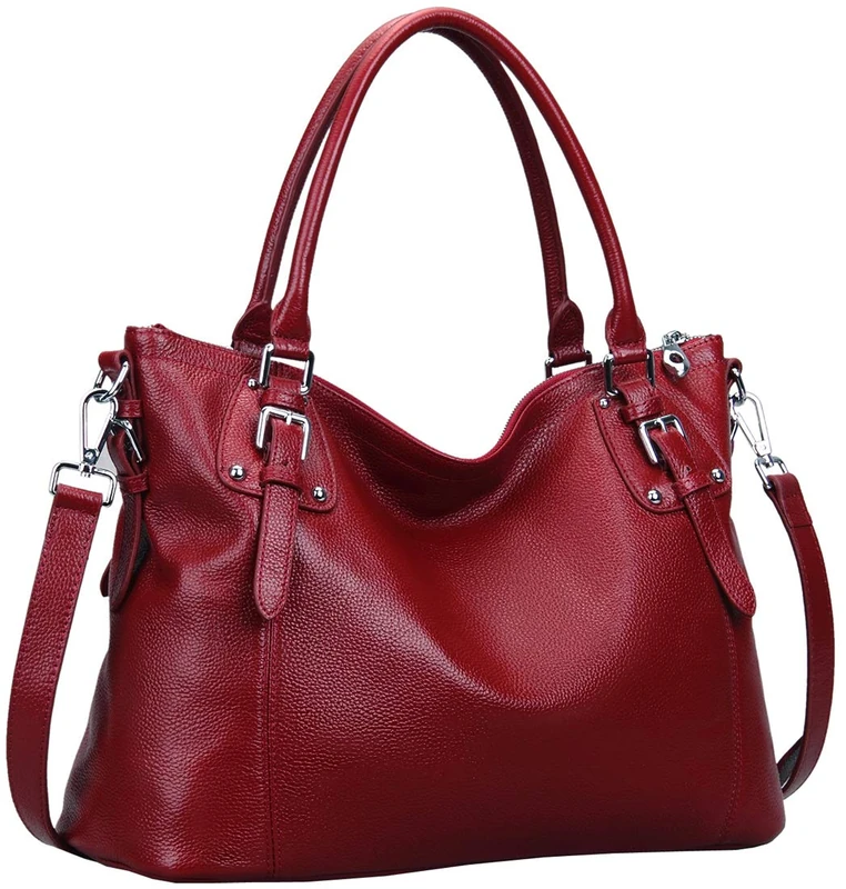 HESHE Women's Genuine Leather Purse and Handbags Tote Top Handle Bags Crossbody Bag Hobo Purses Designer Satchel for Ladies, Wine Red, Large - Image 1