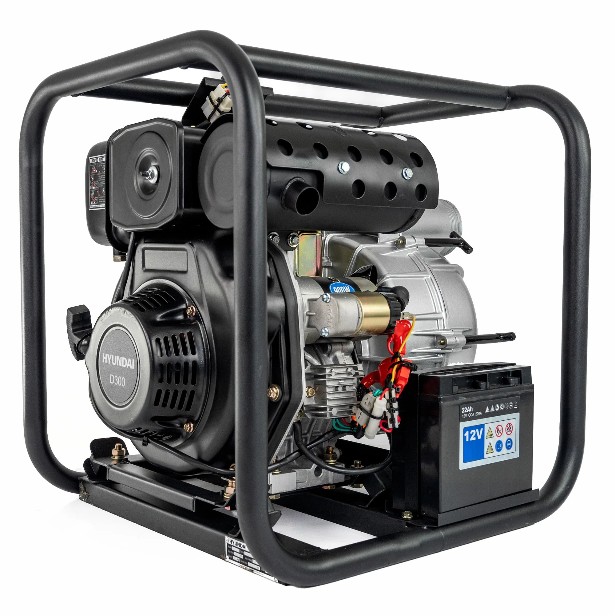 Hyundai 296cc 80mm 3" Open Frame Dirty and Trash Water Pump, Total Head of 25m and Suction Head of 6m Electric Start for Drain Hot Tubs, Swimming Pools, 1 Year Warranty,