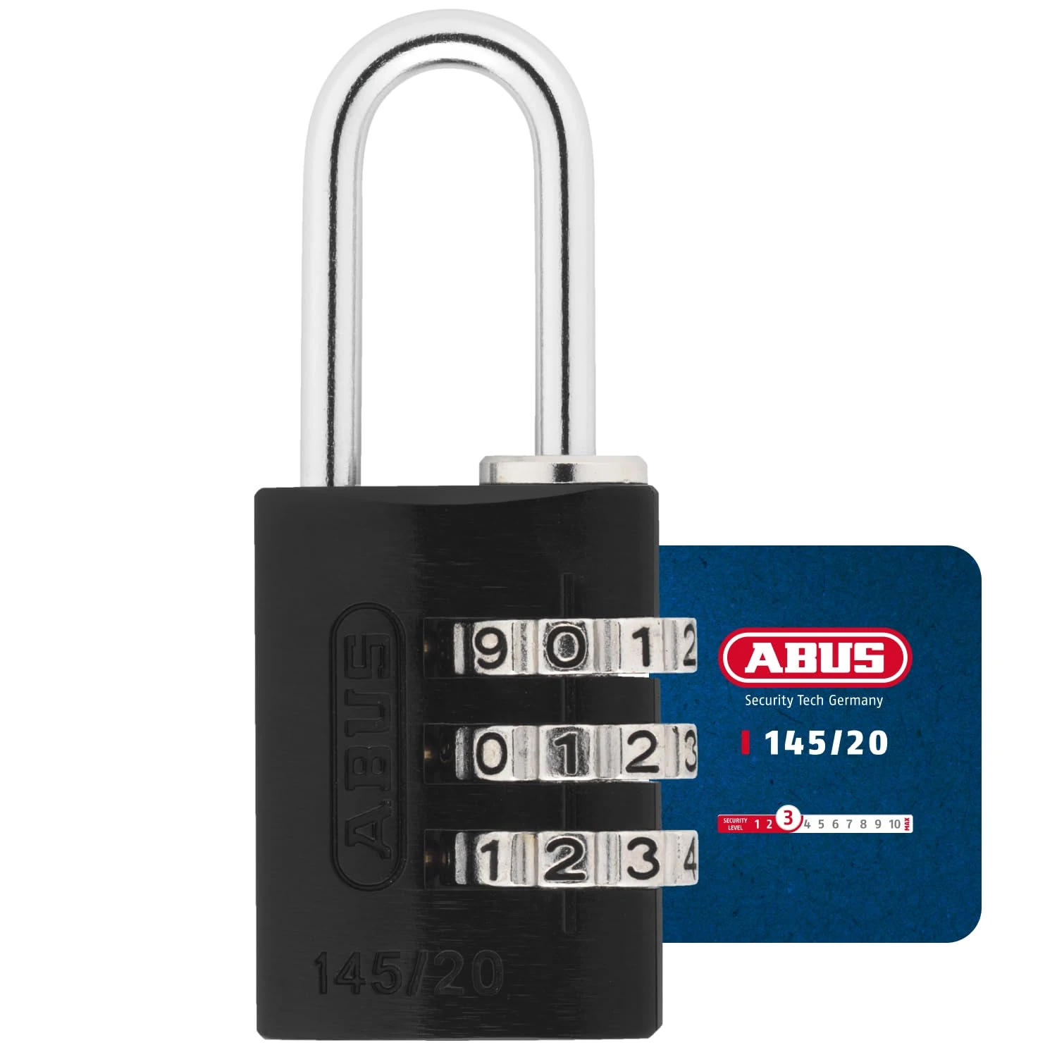 ABUS Combination Lock 145/20 Black - Solid Aluminium Padlock - With Individually Adjustable Numeric Code - 34599 - Security Level 3