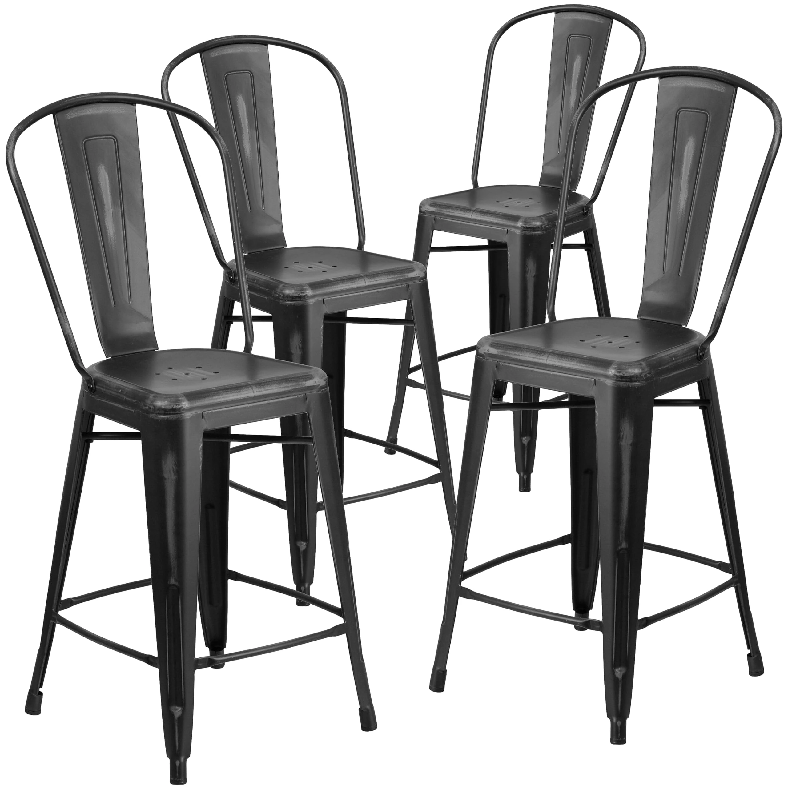 Flash Furniture Blake Commercial Grade 4 Pack 24" High Distressed Black Metal Indoor-Outdoor Counter Height Stool with Back