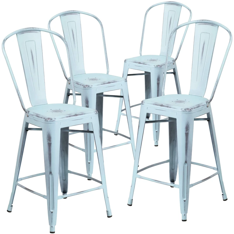 Flash Furniture Blake Commercial Grade 4 Pack 24" High Distressed Green-Blue Metal Indoor-Outdoor Counter Height Stool with Back