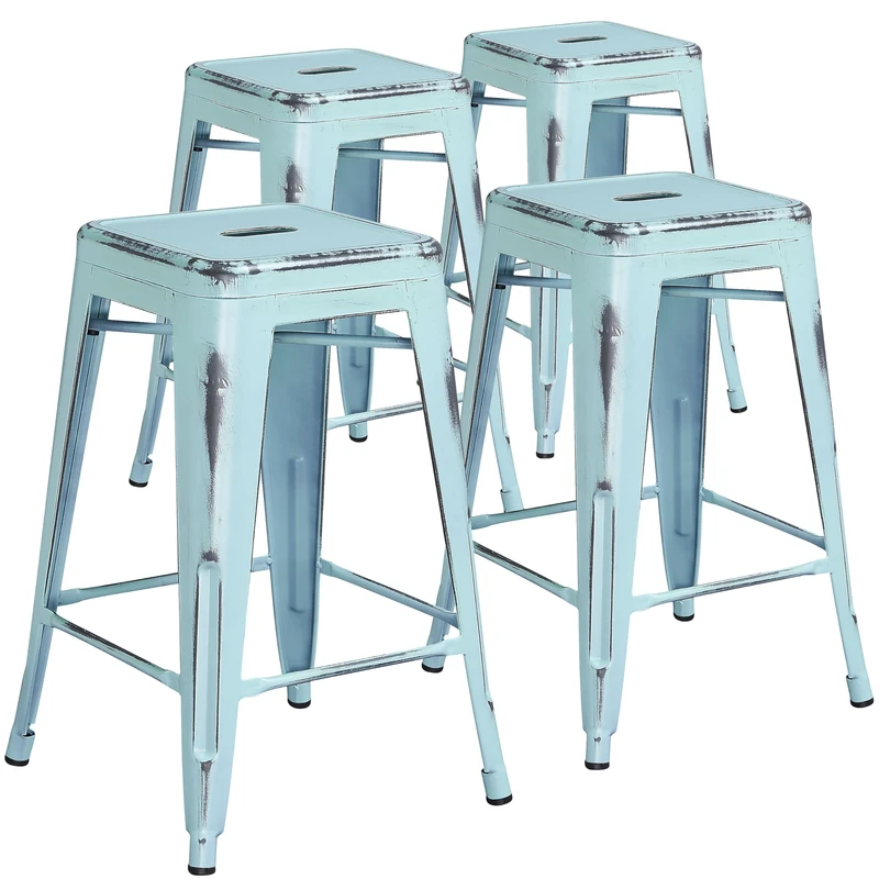 Flash Furniture Kai Commercial Grade 4 Pack 24" High Backless Distressed Green-Blue Metal Indoor-Outdoor Counter Height Stool - Image 1
