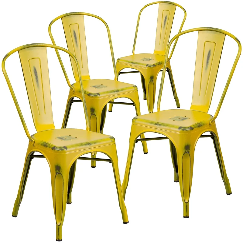 Flash Furniture Blake Commercial Grade 4 Pack Distressed Yellow Metal Indoor-Outdoor Stackable Chair