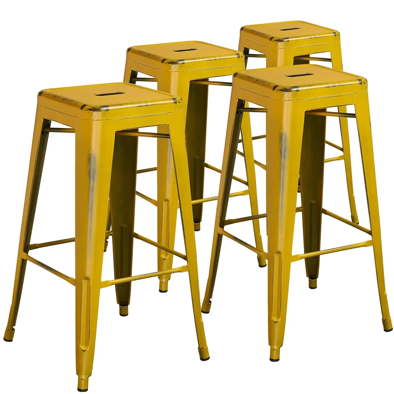 Flash Furniture Commercial Grade 4 Pack 30" High Backless Distressed Yellow Metal Indoor-Outdoor Barstool