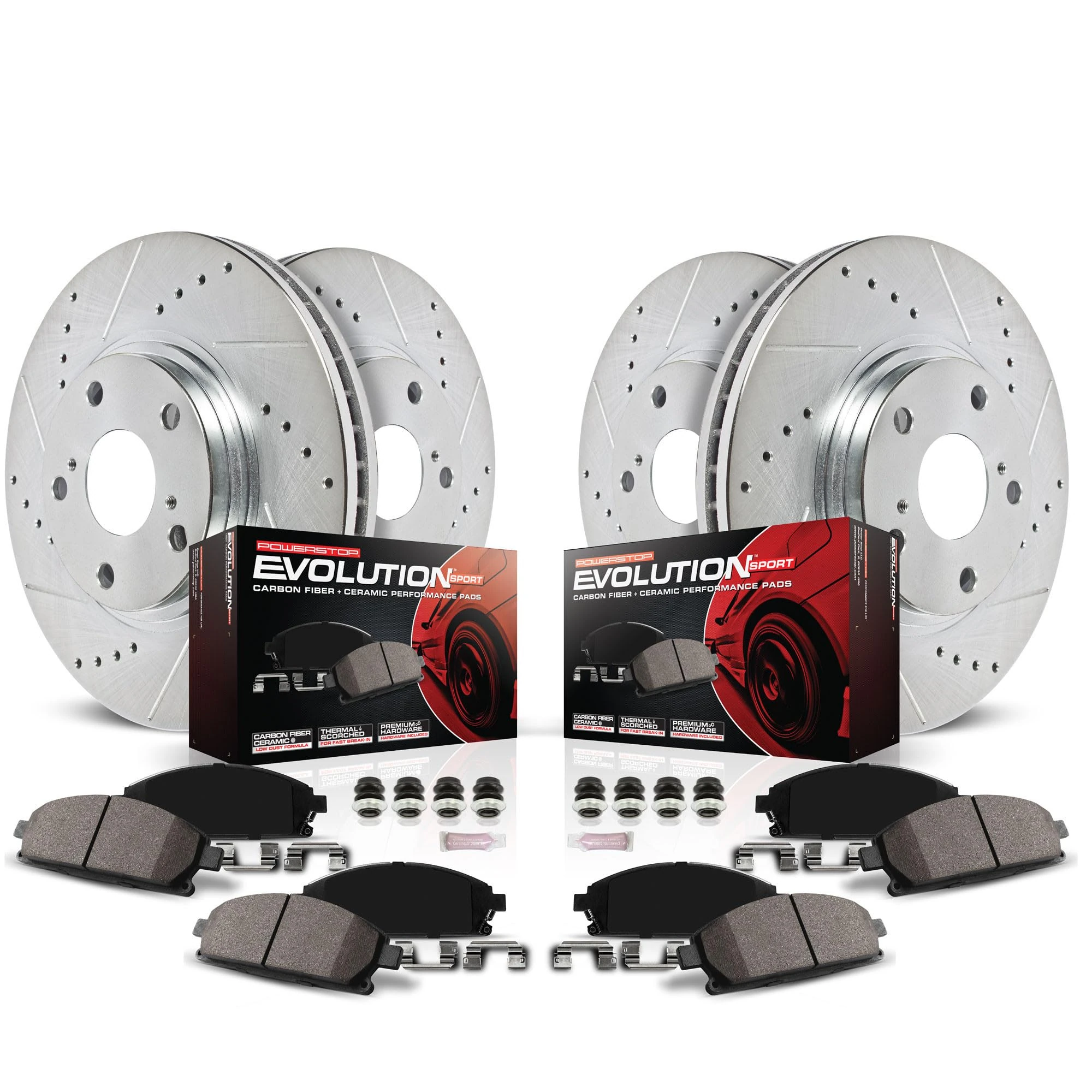 Power Stop K6556 Front & Rear Brake Kit with Drilled/Slotted Brake Rotors and Z23 Evolution Ceramic Brake Pads