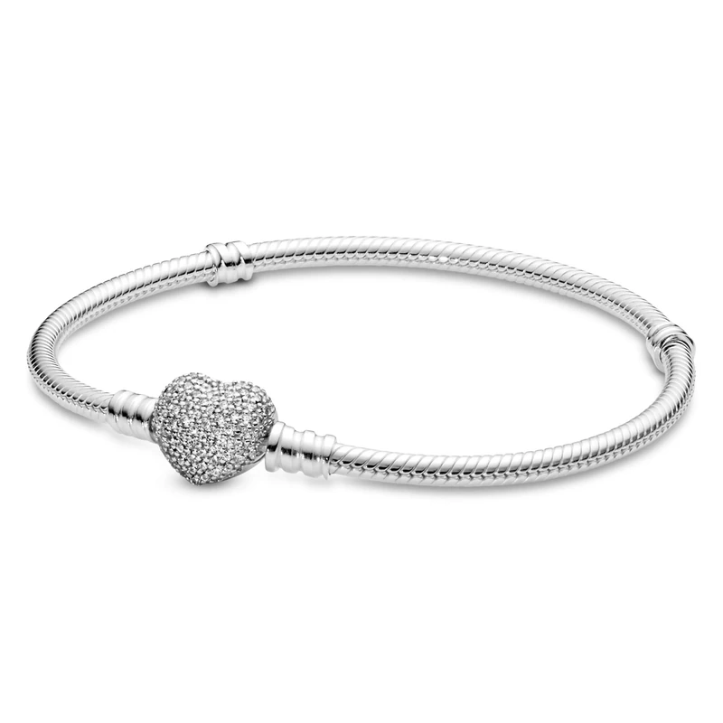 PANDORA Moments Women's Sterling Silver Sparkling Heart Clasp Cubic Zirconia Snake Chain Bracelet for Charms, Size 17, No Box