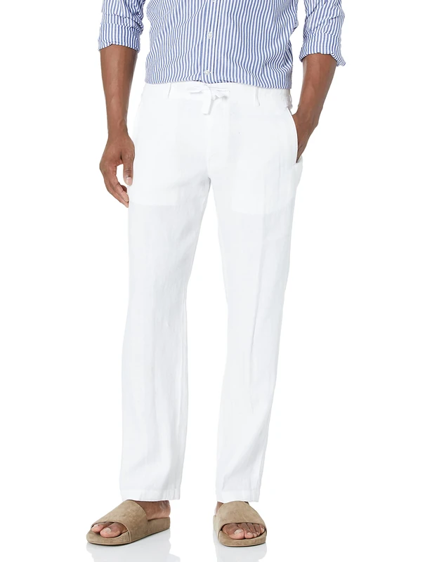 Perry Ellis Men's 100% Linen Drawstring Pant Casual, Bright White, 42W / 32L