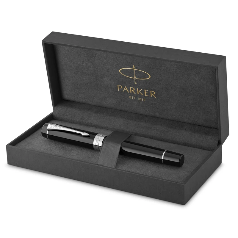Parker Duofold Centennial Fountain Pen | Classic Black with Palladium Trim | Medium Solid Gold Nib | Black Ink and Convertor | Premium Gift Box