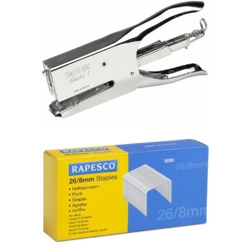 Rapid K1 Classic Pliers - Chrome + Rapesco Galvanised Staples 26/8 mm - Box of 5,000 + Rapesco 73/10 mm Extra Strong Staples (Pack of 2000)