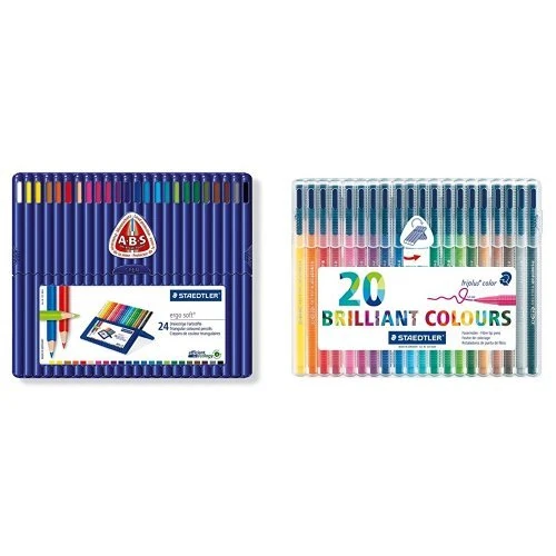 Staedtler Triplus Colour 323 SB20 Fibre-Tip Pen Desktop Box - Assorted Colours (Pack of 20) and Staedtler Ergosoft 157 SB24 Triangular Colouring Pencils - Assorted Colours (Pack of 24)