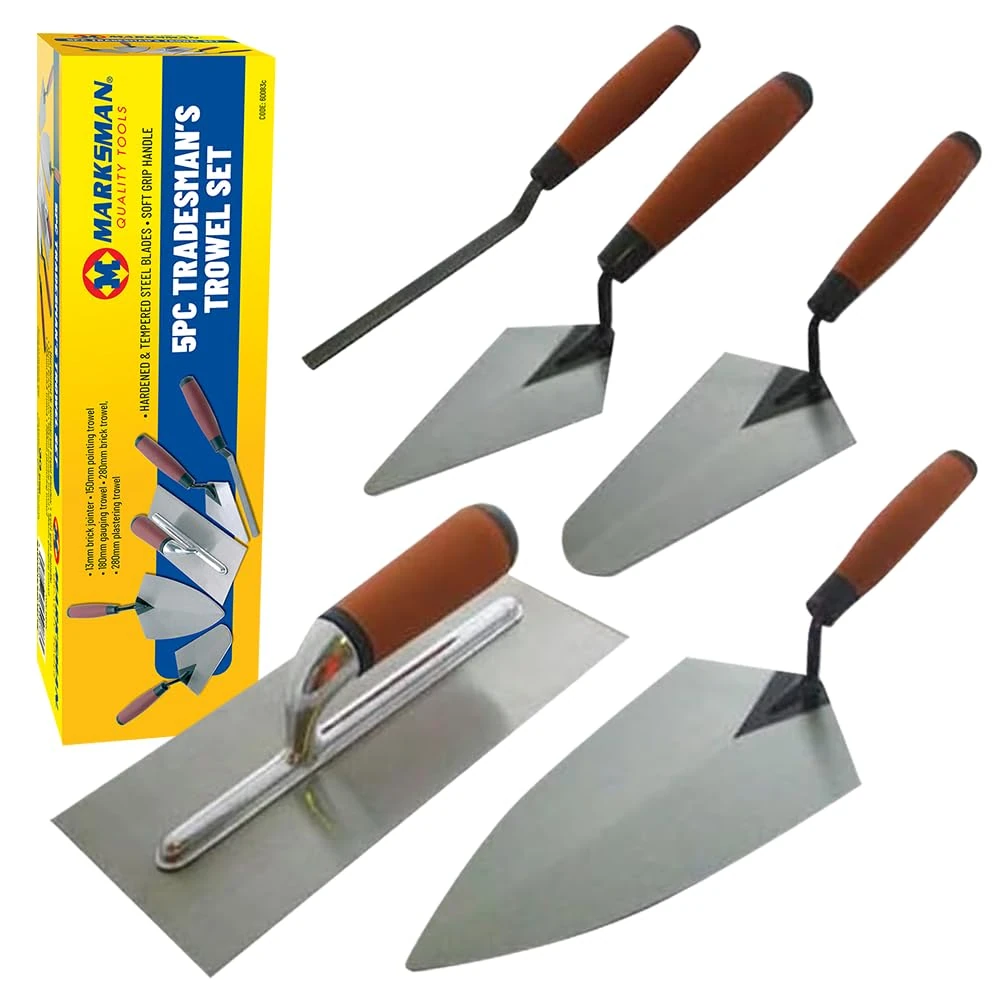 5pc Tradesman Trowel Set - Brick Jointer Hand Brick Plastering Builders | Hardened & Tempered Steel Blades | Hand Tool - Professional Quality | Builders Bricklaying Tools with Soft Grip Handles