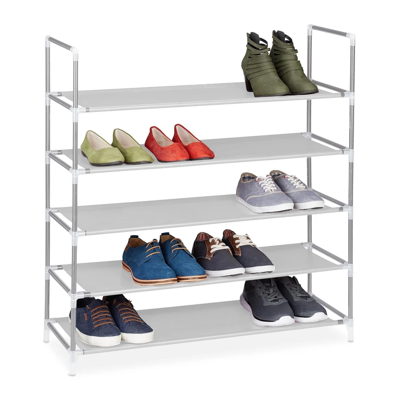 Relaxdays Shoe Rack With Handles, Fleece Fabric, 90.5 x 87 x 29.5 cm, 5 Shelves For up to 25 Pairs of Shoes, White