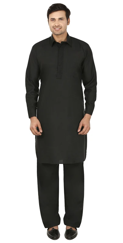 Maple Clothing Mens Pathani Kurta Salwar Set Indian Party Wear (Black, L)
