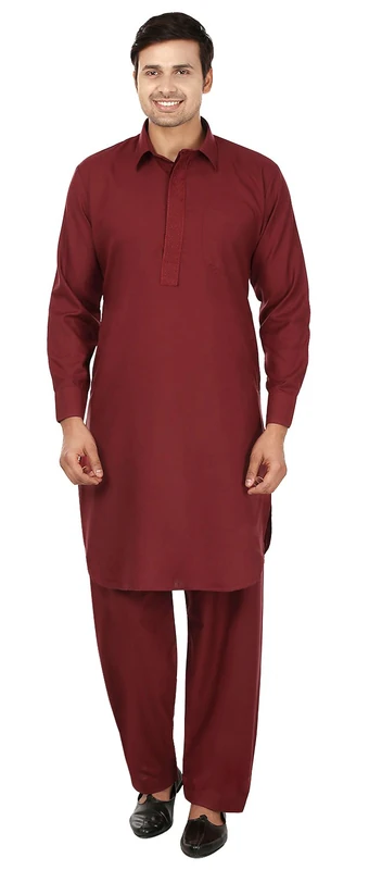Maple Clothing Mens Pathani Kurta Salwar Set Indian Party Wear (Maroon, L)