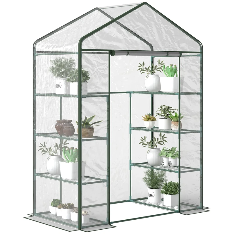 Outsunny Walk in Greenhouse with 4-Tier 8 Shelves, Green House with Hemmed Cover, Roll-up Zipped Door, Steel Frame, 143 x 73 x 195cm