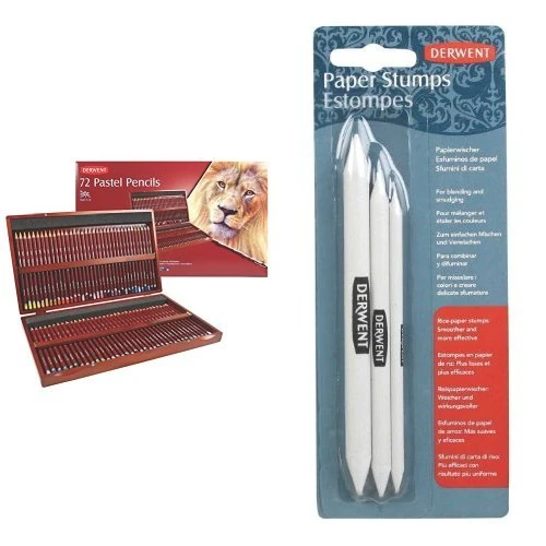 Derwent Pastel Pencils Wooden Box (Set of 72) with Derwent Paper Stumps Blister of Rice Paper Sticks for Blending and Smudging (Pack of 3)