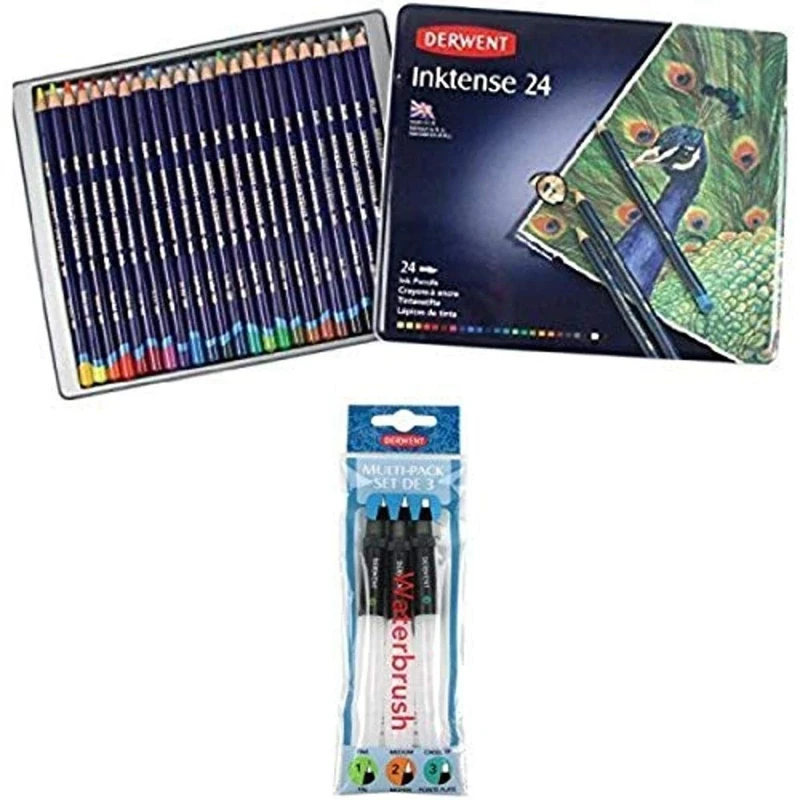Derwent Inktense Watercolour Pencils Tin (Set of 24) with Derwent Waterbrush Multi-Pack (Pack of 3)
