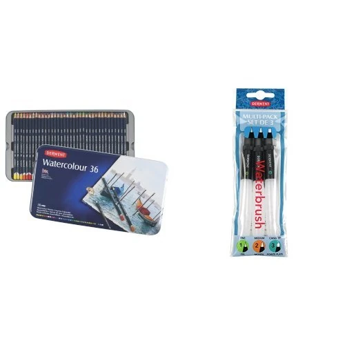 Derwent Watercolour Pencils Tin (Set of 36) with Derwent Waterbrush Multi-Pack (Pack of 3)