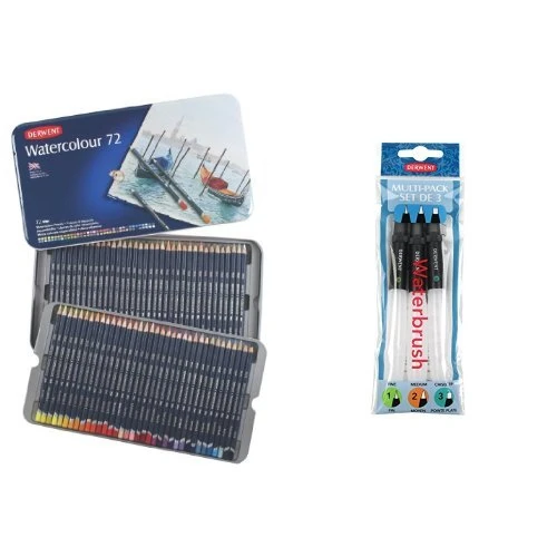 Derwent Watercolour Pencils Tin (Set of 72) with Derwent Waterbrush Multi-Pack (Pack of 3)