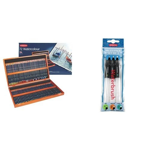 Derwent Watercolour Pencils Wooden Box (Set of 72) with Derwent Waterbrush Multi-Pack (Pack of 3)