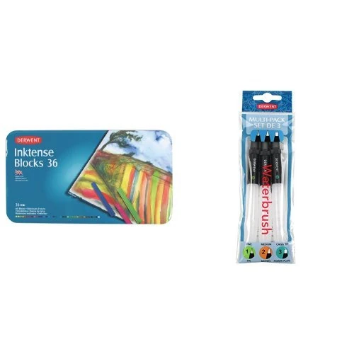Derwent Inktense Blocks Watercolour Paints Tin (Set of 36) with Derwent Waterbrush Multi-Pack (Pack of 3)