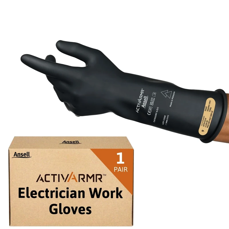 Ansell ActivArmr Electrician Work Gloves, Electrical Protection Class 00 (500V), Insulating Natural Rubber Latex Gloves, Industrial Safety PPE, 14 Inches, Black, Size M (1 Pair)