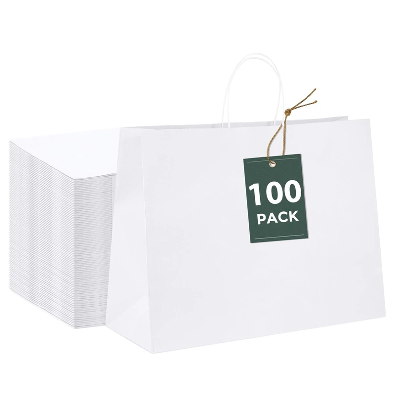 GSSUSA Halulu 100pcs 16x6x12 White Paper Retail Shopping Bags with Rope Handles
