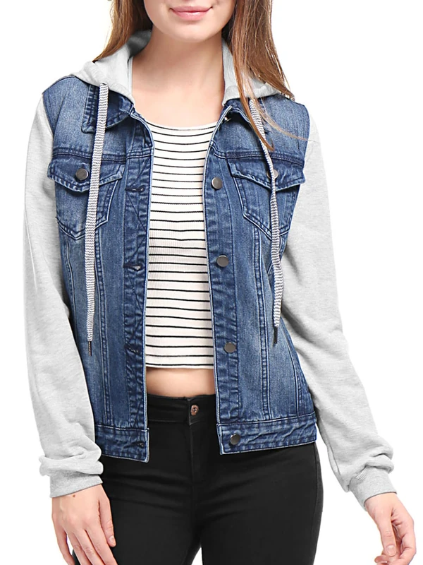 Allegra K Women's Layered Drawstring Hood Denim Jacket with Pockets Dark Blue XL - Image 1