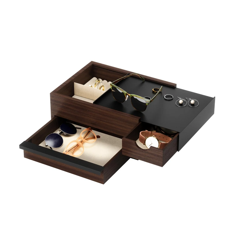 Umbra Stowit Jewelry Box - Modern Keepsake Storage Organizer with Hidden Compartment Drawers for Ring, Bracelet, Watch, Necklace, Earrings, and Accessories, Black/Walnut