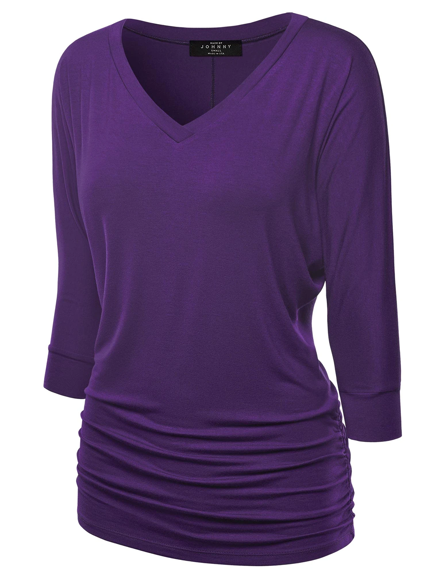 Made By Johnny Women's Casual Boat Neck and V-Neck 3/4 Sleeve Draped Dolman Top with Side Shirring Premium Shirt, Wt1036_dark_purple, Large