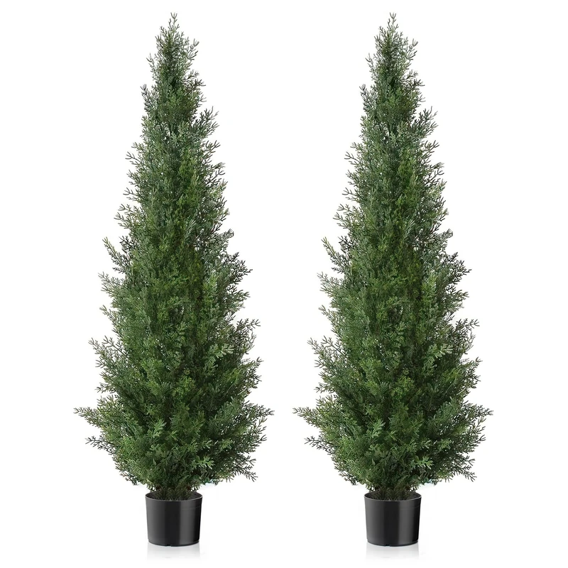 TRESIL Two 4 Foot Outdoor Artificial Cedar Topiary Trees Uv Rated Potted Plants