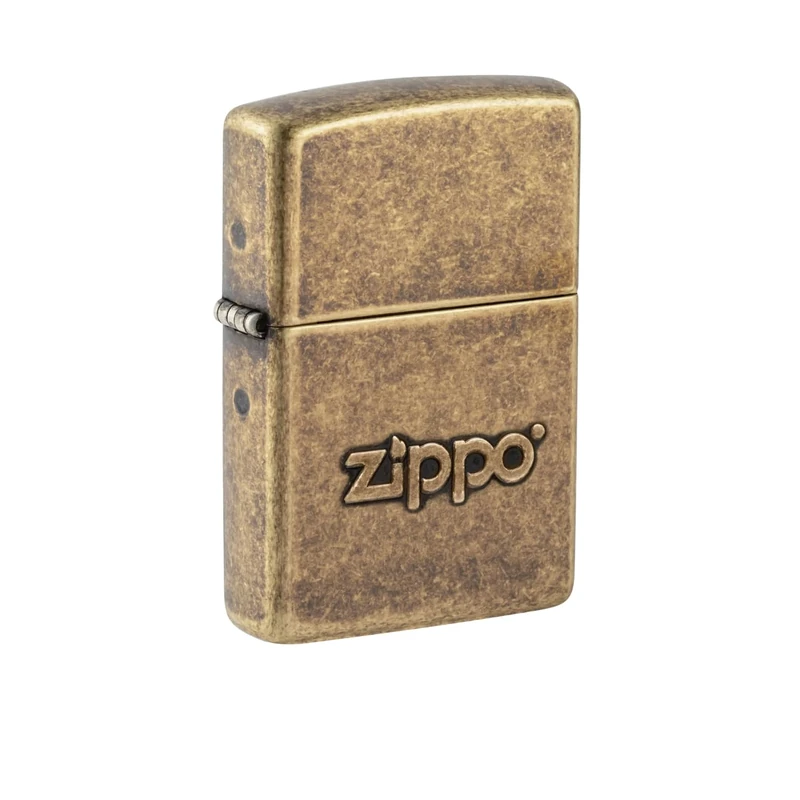 Zippo Windproof Lighter - Gold Logo Stamp - Antique Brass Finish - Refillable - Reusable - Windproof Design - Gift Box - Made in USA