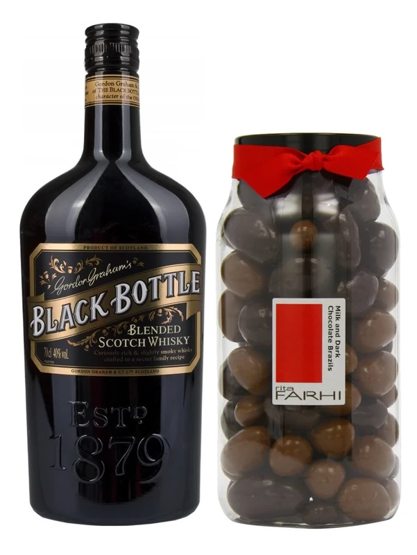 Rita Farhi Milk and Dark Chocolate Brazil Nuts Gourmet Jar with Black Bottle Whisky - Image 1