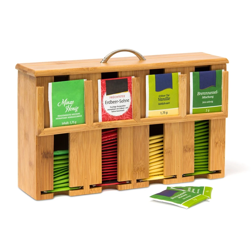 Relaxdays Bamboo Dispenser, Standing Tea Box with Lid and Handle, 4 Compartments, Wooden, Brown, 22 x 33 x 10 cm