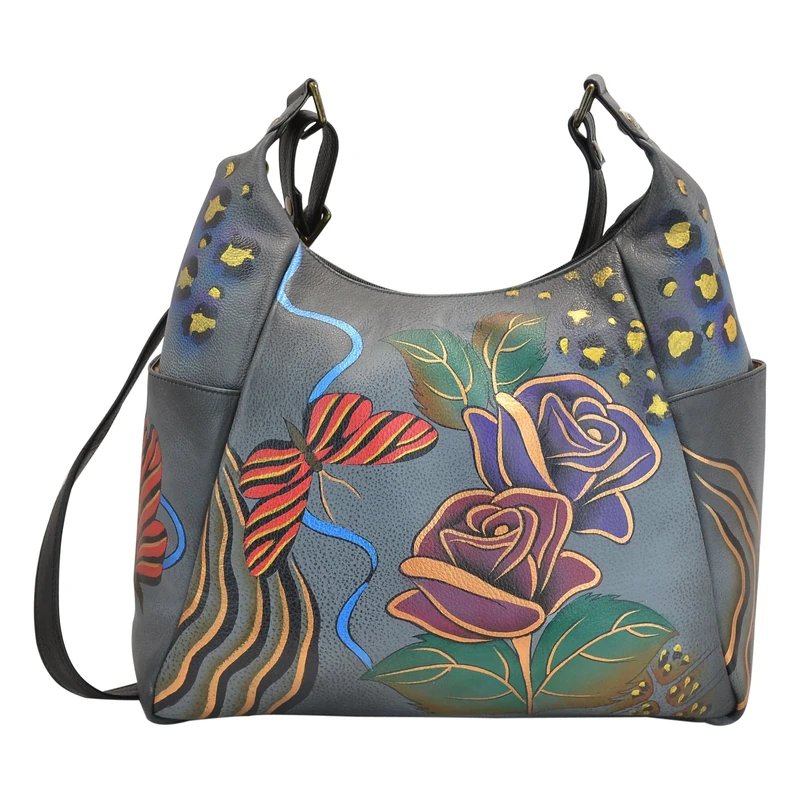 Anna by Anuschka Women's, Handpainted Leather Large Multi Pocket Rose Safari Grey Hobo Handbag, Size