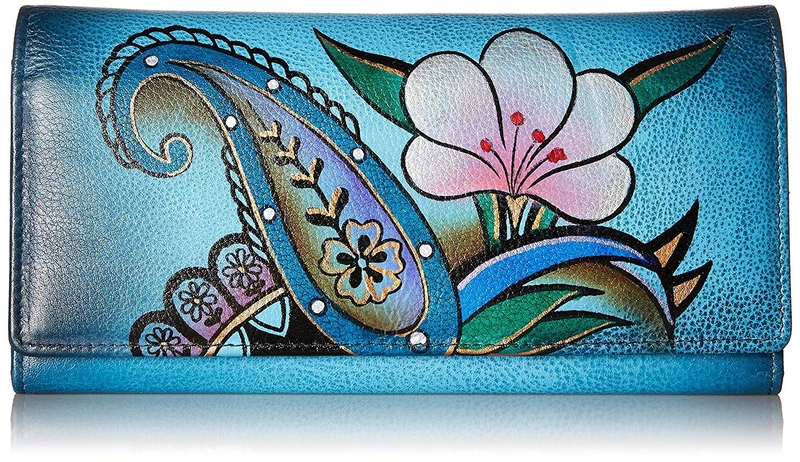 Anna by Anuschka Women's Hand Painted Leather Multi Pocket Wallet, Denim Paisley, One Size