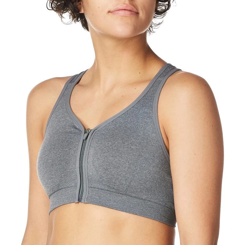 Jockey Women's Mid Impact Zip Front Sports Bra, Opaque, Grey, S