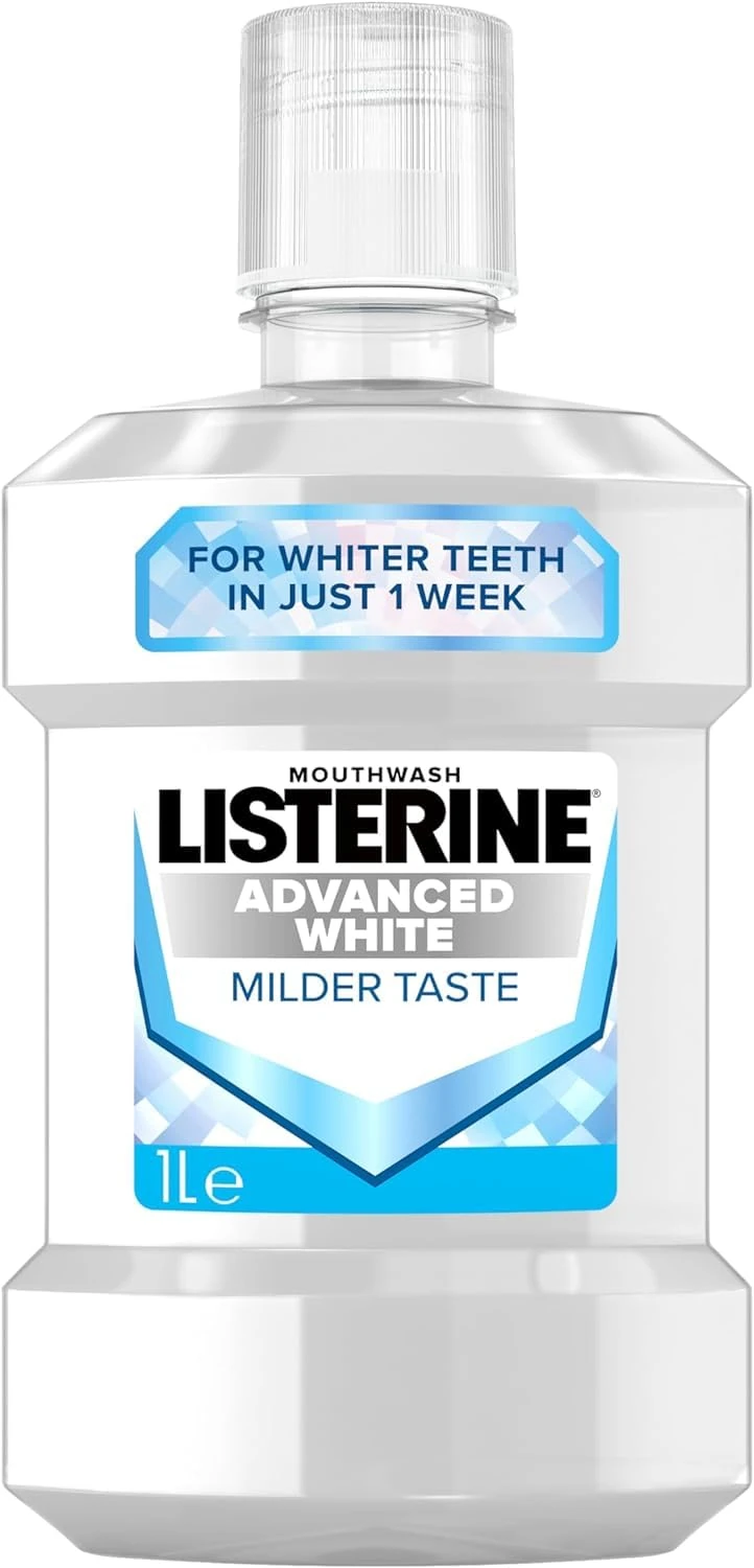 Listerine Advanced White Milder Taste (Zero Alcohol) Mouthwash (1000ml), Fluoride Mouthwash to Whiten and Protect from New Stains While Remineralising and Strengthening Teeth